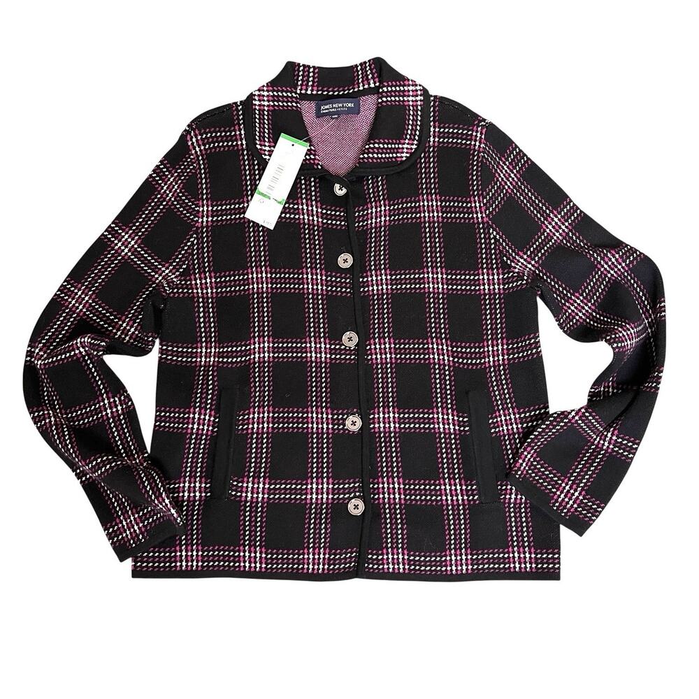 Jones New York Signature Sweater Jacket Petite Large Cardigan Button Up Plaid